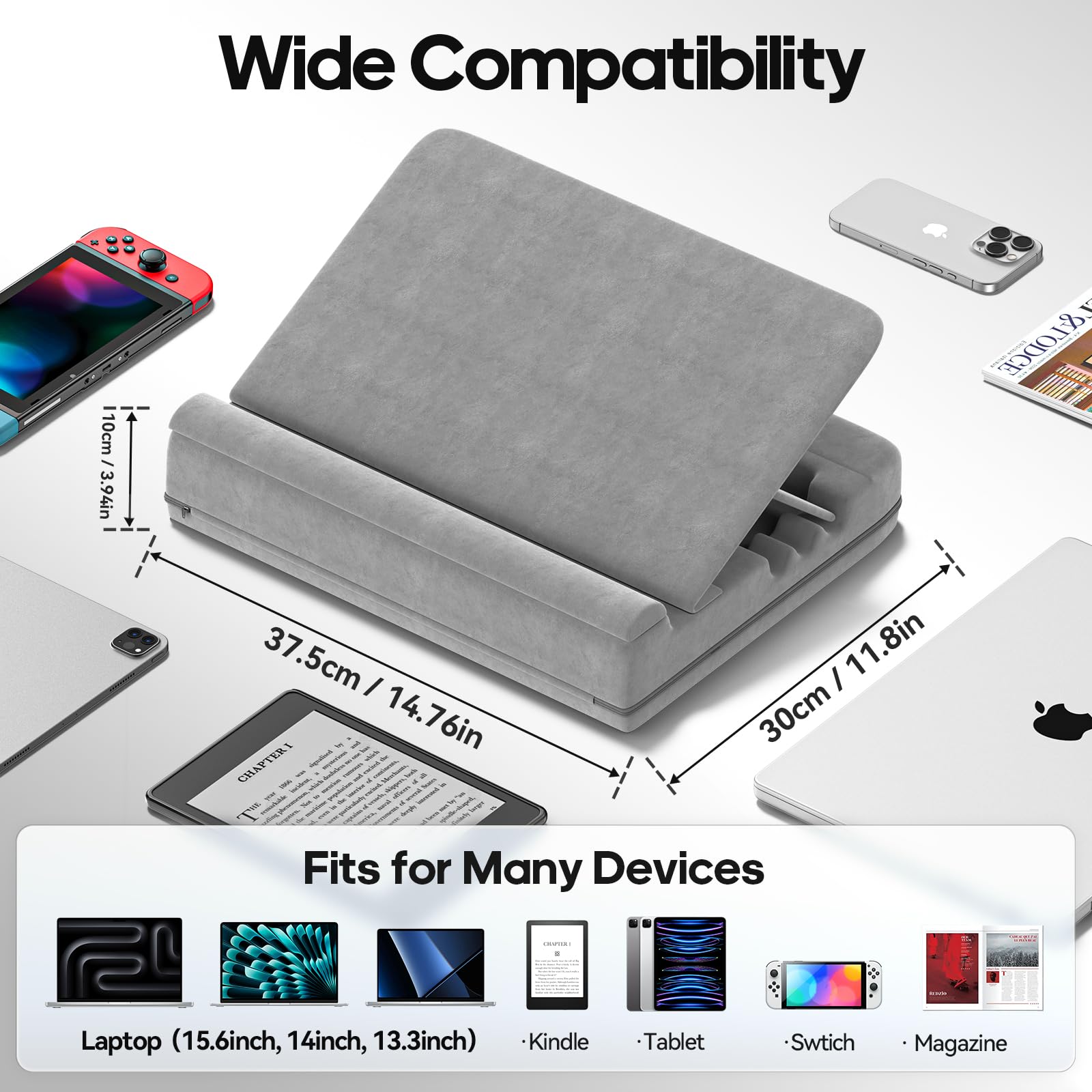 Cuscino per Computer Portatile, Porta PC Scrivania con 3 Angolazioni Regolabili, Cuscino Laptop con Poggiapolsi, Supporto Laptop Scrivania Adatto per Lavoro e Domestico, Grigio