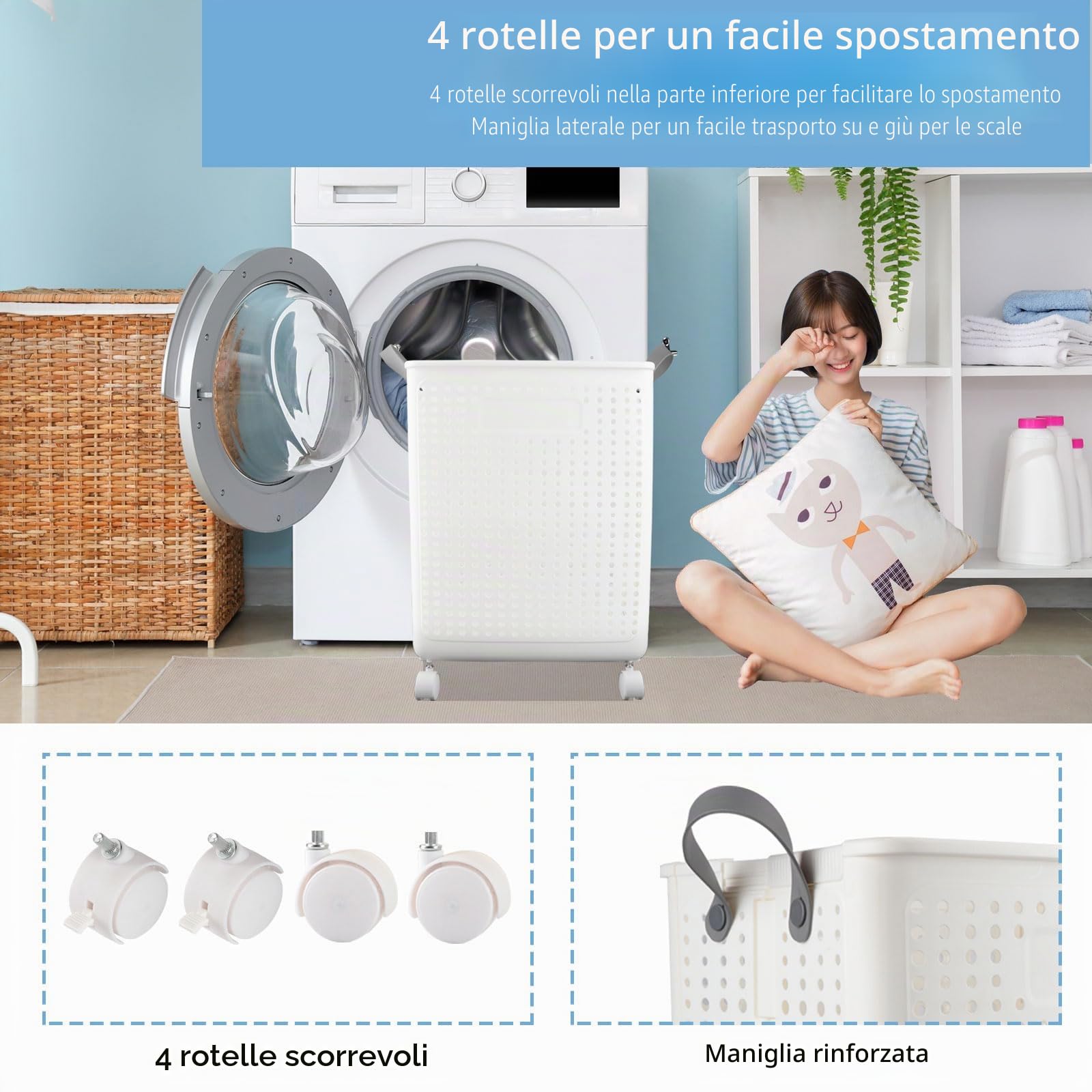 Les-Theresa Cesto Biancheria, 41.5L, Cesto Portabiancheria con Ruote Cesta Panni Sporchi, Pieghevole, 4 Ruote a 360° e 2 Maniglie, Ideale per Bagno, Camera da Letto e Lavanderia, Bianco