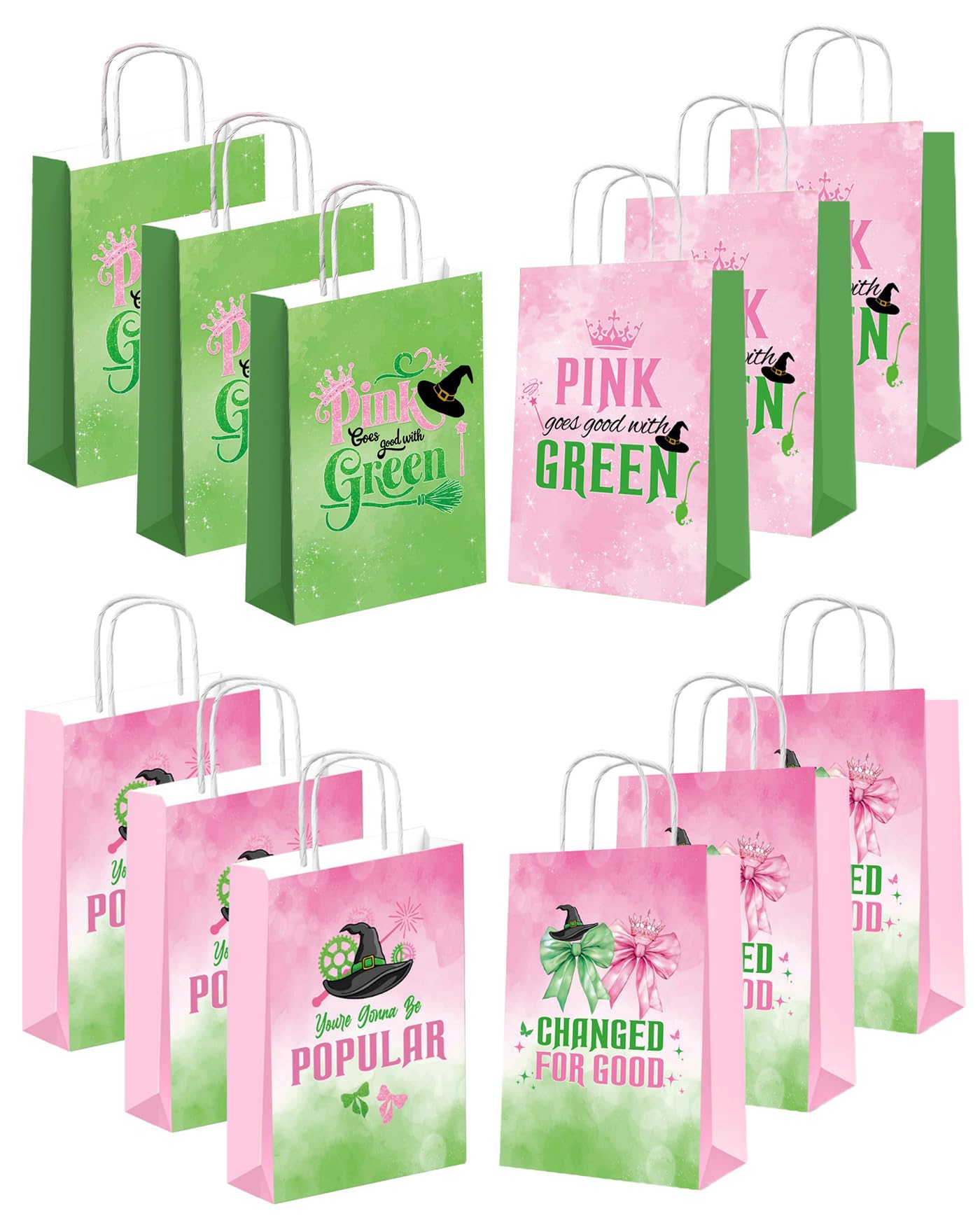 12 Pcs Witch and Princess Paper Party Bags with Handles, Glinda and Elphaba Goodie Candy Treat Gift Bags, Pink and Green Birthday Party Decorations