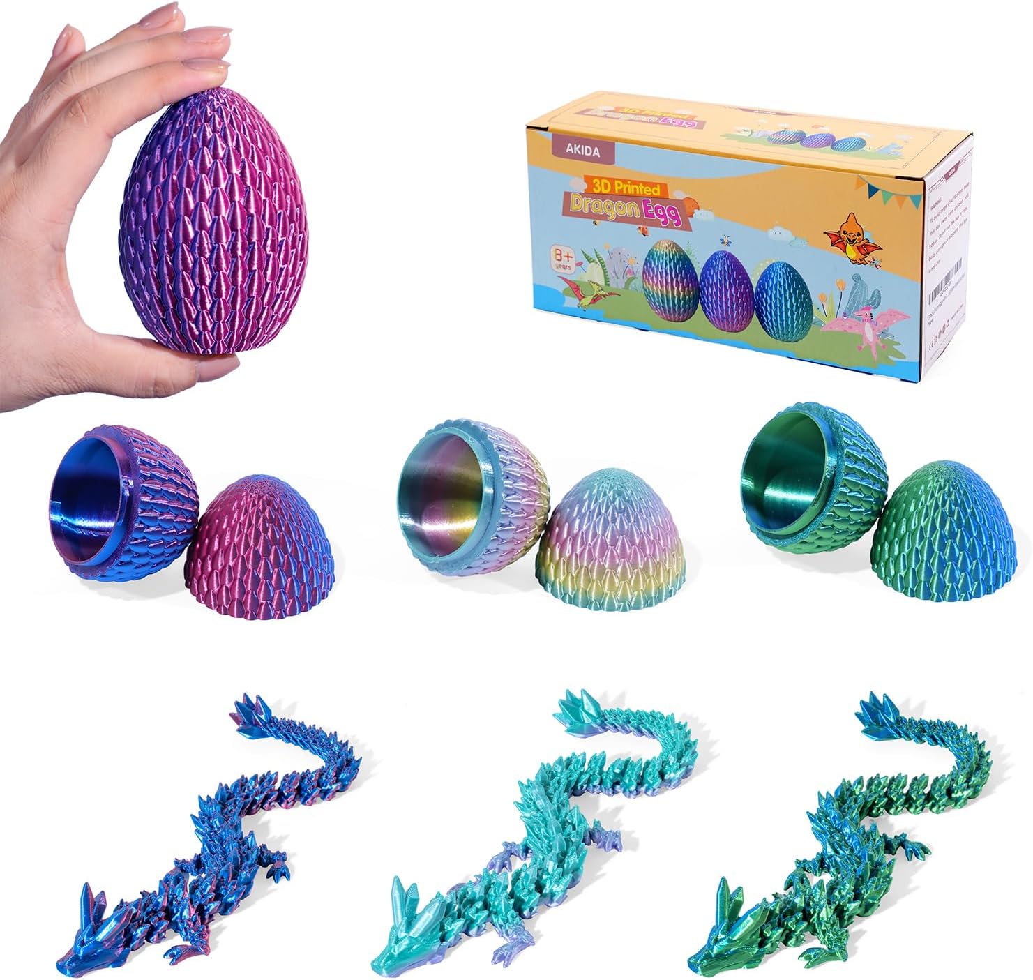 AKIDA 3 Packs Dragon Eggs with Dragon Inside, 3D Printed Dragon Egg Fidget Toy, 3D Dragon Eggs with Dragon Inside, Mystery Dragon Egg, Stocking Easter Basket Stuffers