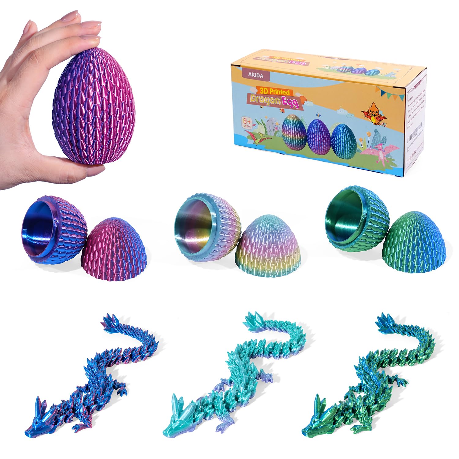 AKIDA 3 Packs Dragon Eggs with Dragon Inside, 3D Printed Dragon Egg Fidget Toy, 3D Dragon Eggs with Dragon Inside, Mystery Dragon Egg, Stocking Easter Basket Stuffers