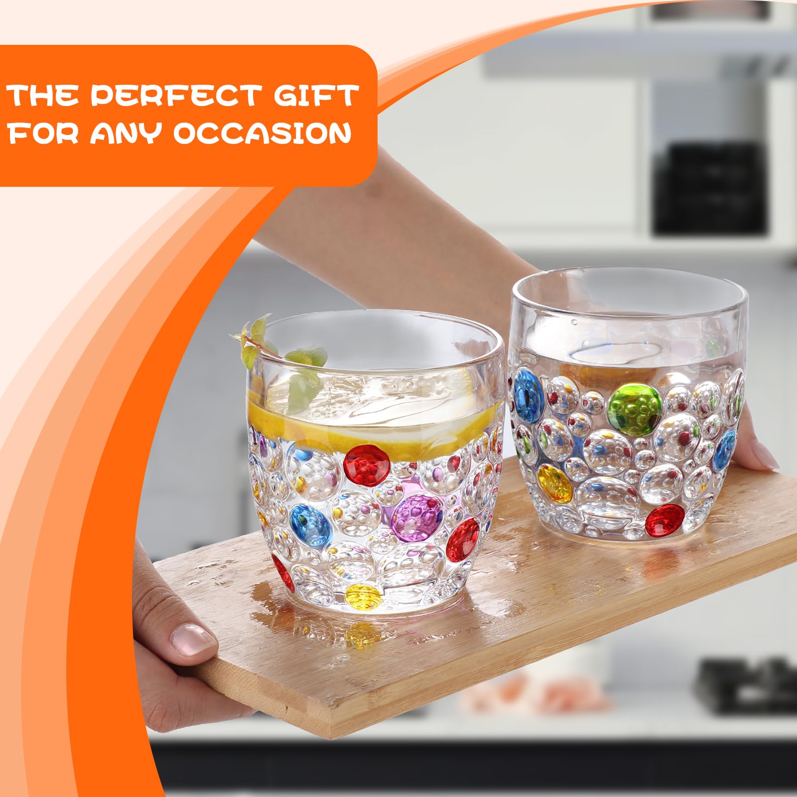 Set mit 6 handgefertigten farbigen Perlen-Gläsern, 325 ml, moderne Hobnail-Trinkgläser, für Wasser, Bier, Saft, Cocktail, Whiskey, Geschenk