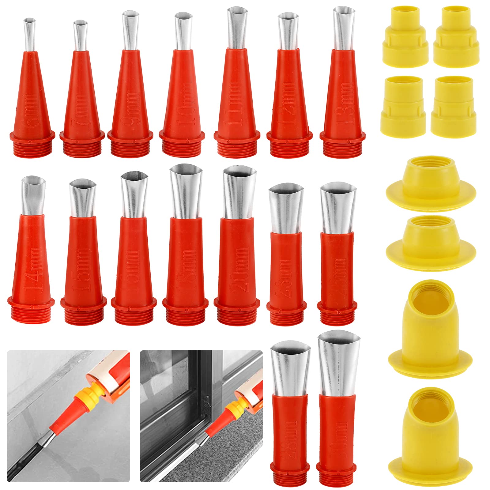 FUYGRCJ- 24pcs Caulking Nozzle Set Stainless Steel 6-30mm Caulking Tips Set Reusable Caulking Finisher Kit Sealant Finishing Tool with 8 Base for Kitchen Bathroom Window Door Sink(gules)