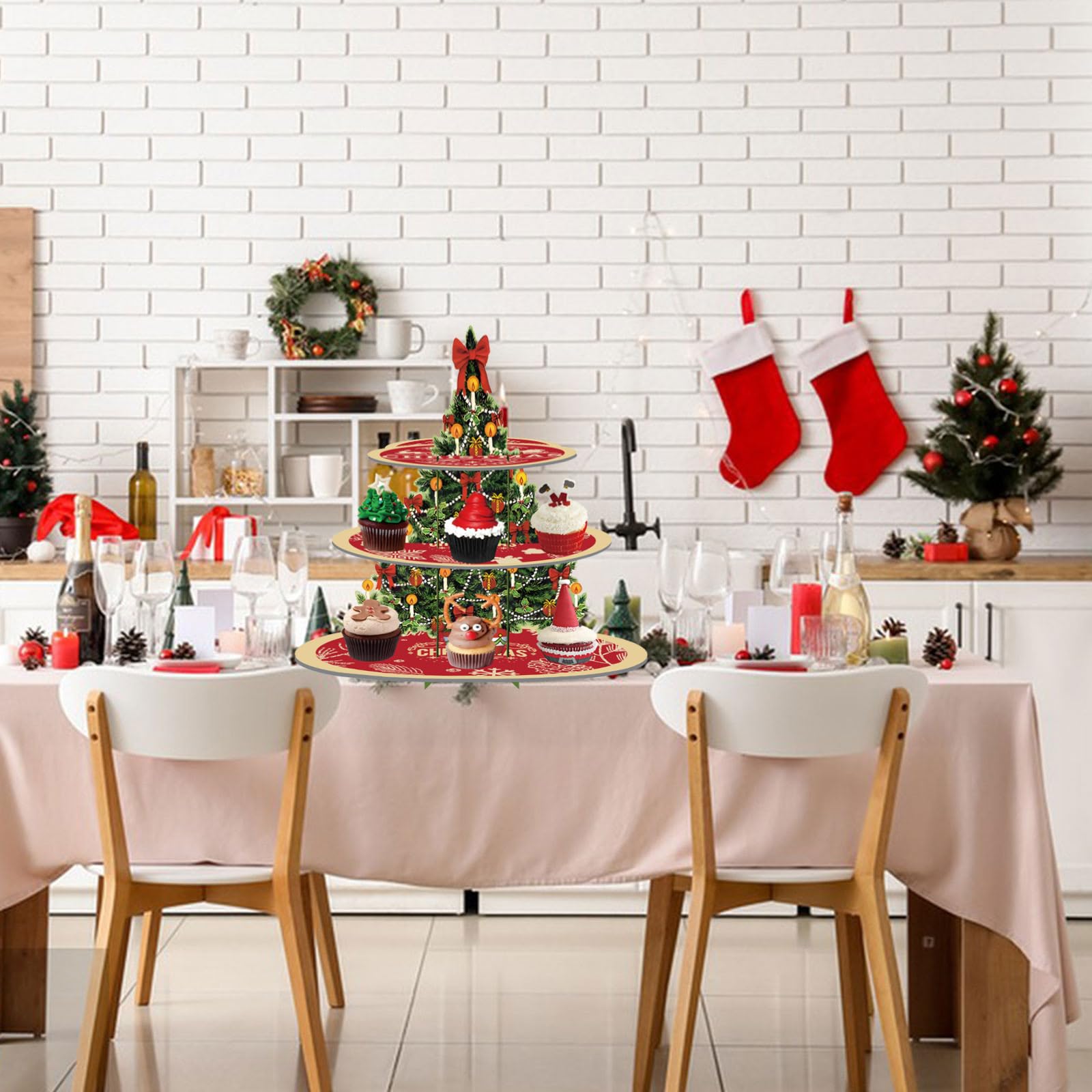 Alzata per Cupcake di Natale, Supporto per Cupcake di Natale, Alzata per Torte in Cartone, 3 livelli Supporto per Cupcake di Natale con Albero di Natale, Decorazione per Torte di Natale
