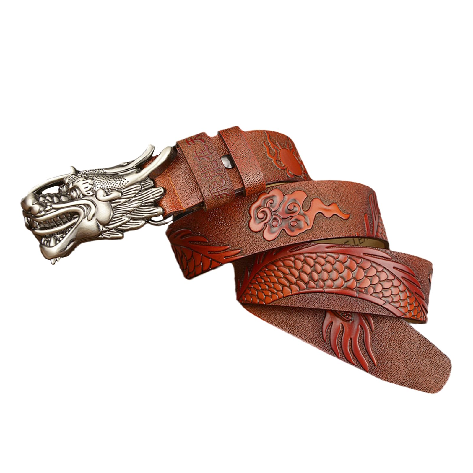 Cinturón De Cuero Estilo Western Con Trinquete En Relieve, Hebilla Deslizante Automática Ajustable Y Dragón Plateado