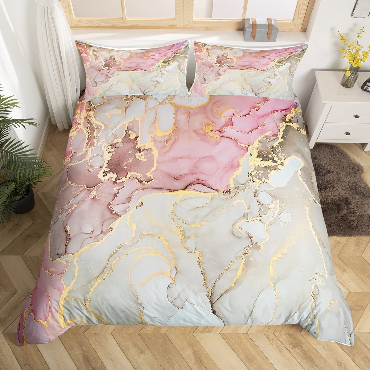 Manfei Boys Multi 17 Marble Duvet Cover Set Double Size, Lilac Gold Grey Marbling Bedding Set 3Pcs For Kids Girls Bedroom Decor, Abstract Stone Texture Comforter Cover Polyester Quilt Cover With 2 Pillowcases