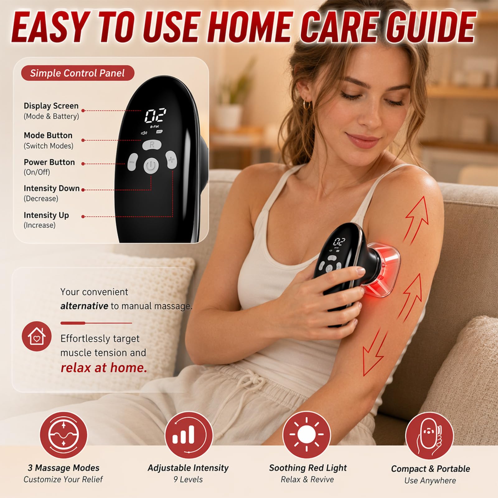 Masajeador eléctrico 3 en 1 con EMS y luz roja, masajeador eléctrico inalámbrico con 10 niveles de intensidad y 4 cabezales intercambiables, dispositivo anticelulitis para abdomen, piernas, brazos
