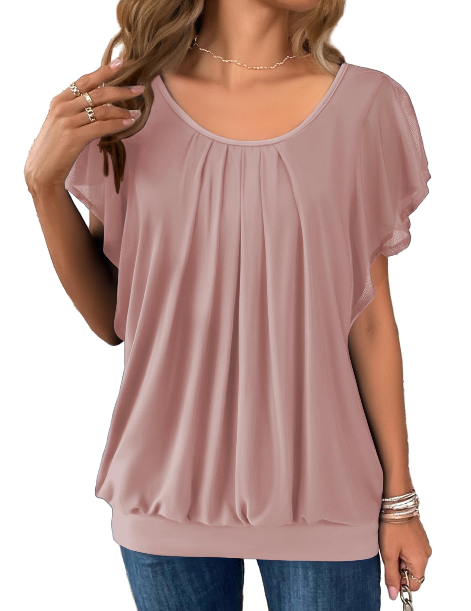 Hotouch Blusen Damen Kurzarm Doppellagig Mesh Rundhals Oberteile Loose Flowy Flügelärmel Tunika Sommer elegant Top