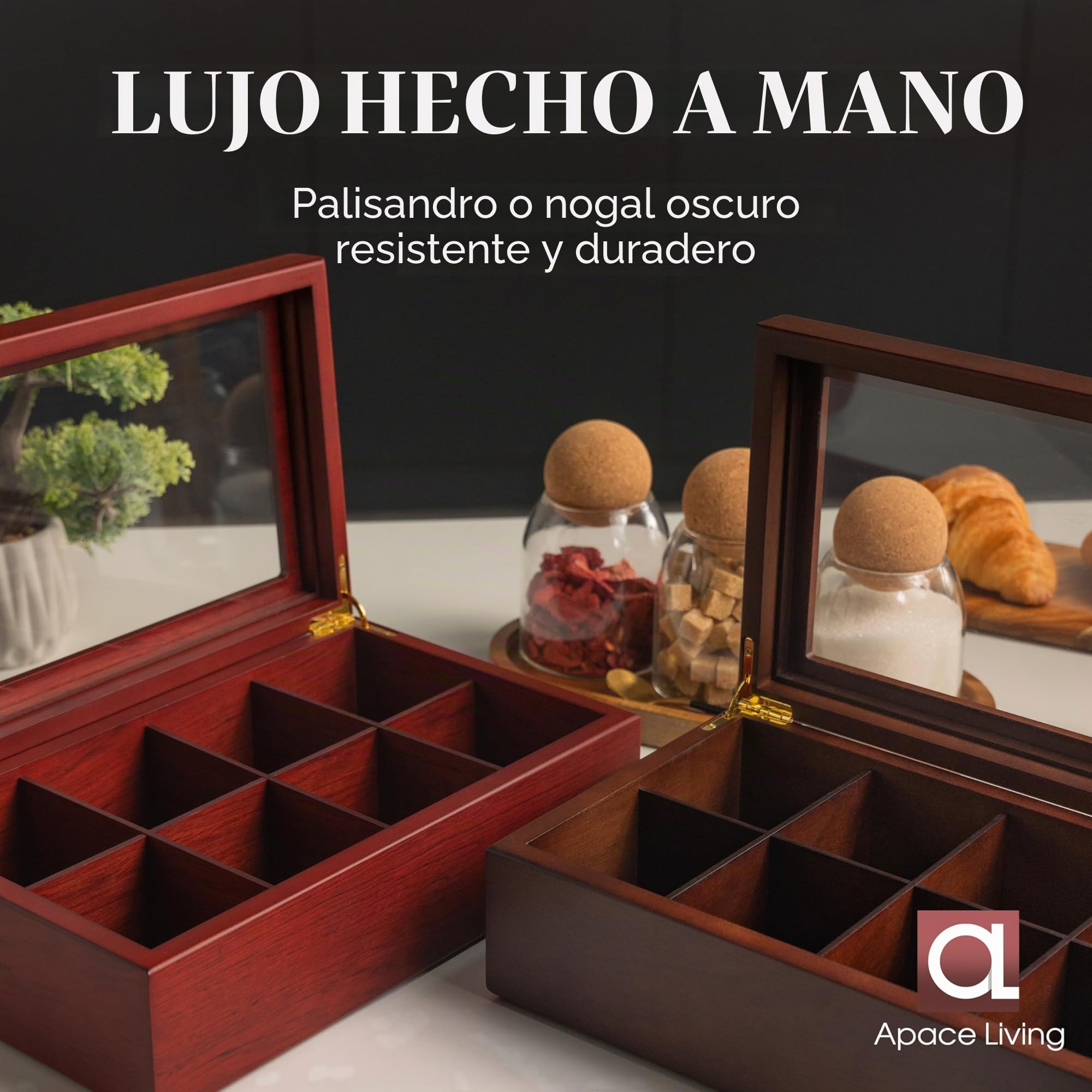 Apace Living Caja de té de madera de lujo – 6 compartimentos para guardar bolsas de té – Caja de té hecha a mano con ventana resistente a los arañazos – Elegante caja de almacenamiento para bolsas de