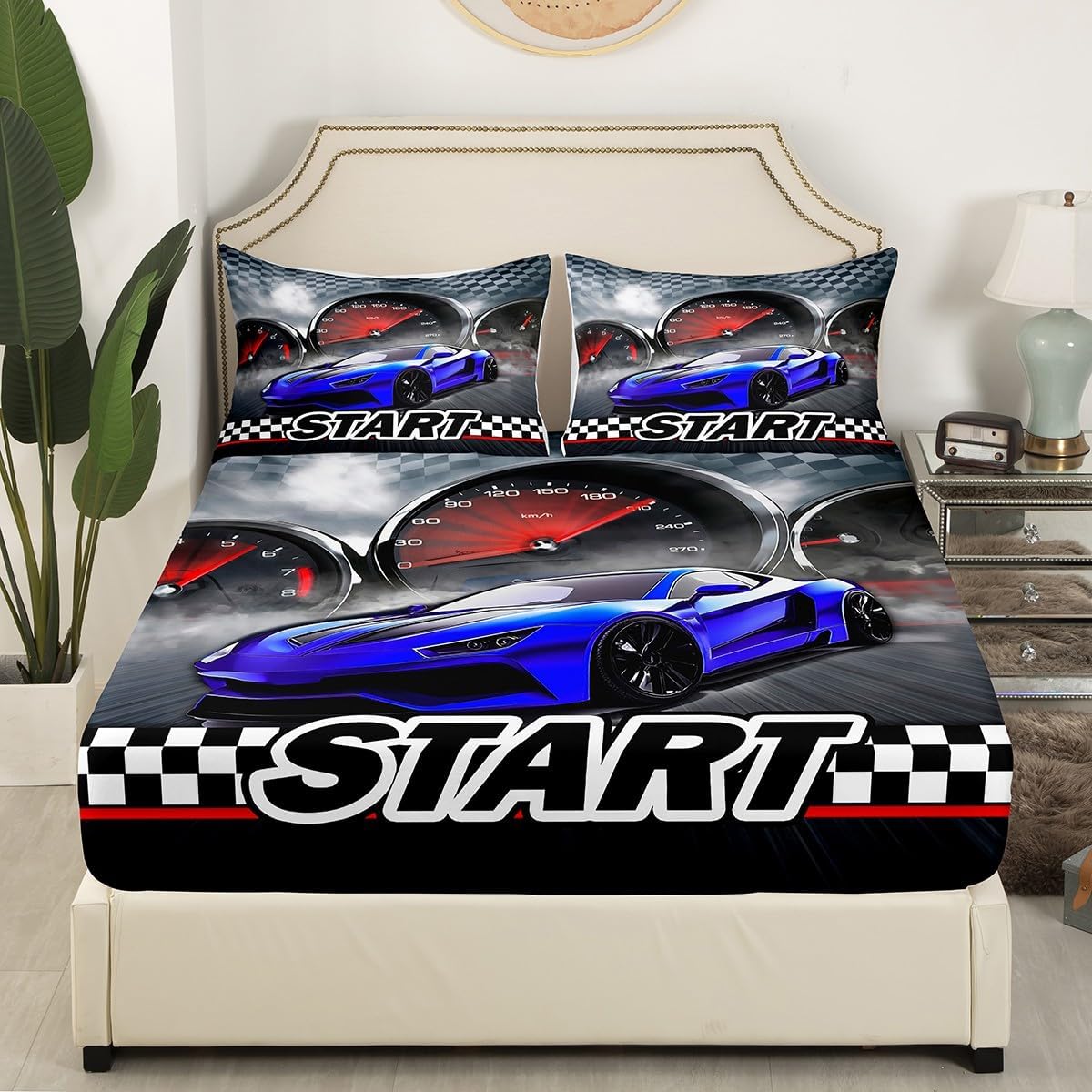 Erosebridal Race Car Fitted Sheet for Boys Kids Cool Sports Car Bedding Full Size Girls Man Extreme Sports Fitted Bed Sheet Blue Racing Car Print Black and White Grids Decor Bedding 3 Pcs