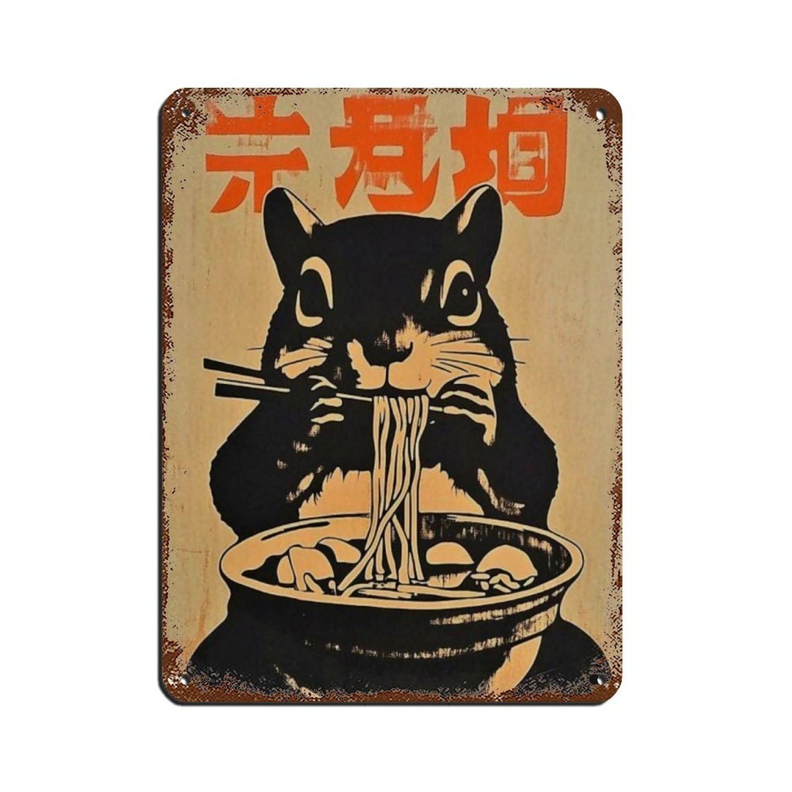 Lxwnze 30L X 40W Cm Cute Squirrel Eating Ramen Art Poster, Retro Poster Metal Tin Sign Chic Art Retro Iron Painting Bar People Cave Cafe Family Garage Poster Wall Decoration 12X16inch(30X40cm)