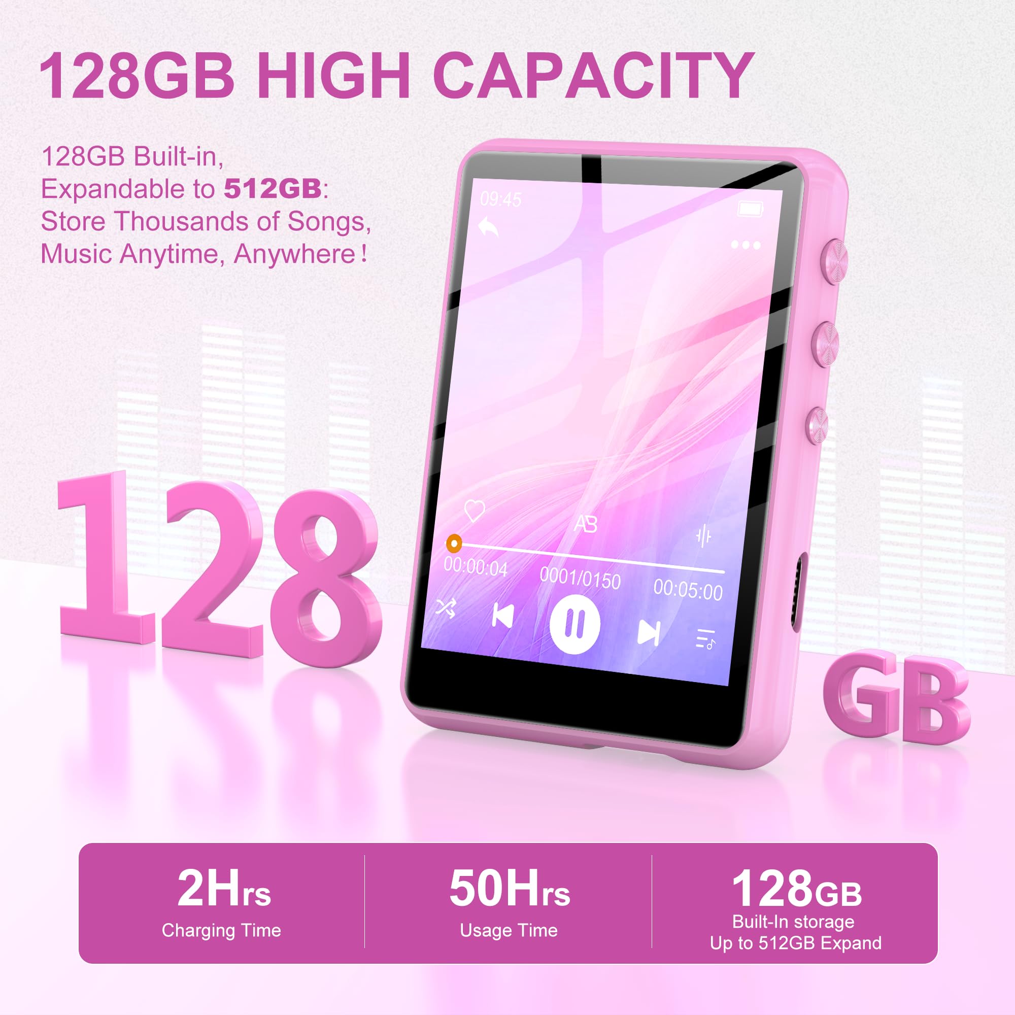 SWOFY Reproductor de MP3 de 128 GB con Bluetooth 5.3 – 2.4 pulgadas, sonido Hi-Fi, altavoz integrado, función de grabación, radio FM, se puede ampliar a 512 GB (rosa) - 3