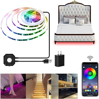 Motion Activated Under Bed Lights,9.8ft Motion Sensor LED Light Strip，5050 RGB LED Night Lights with Music Sync and Timer for Indoor，Bed,Wardrobe, Cabinet,Stair Decoration, Multicolor