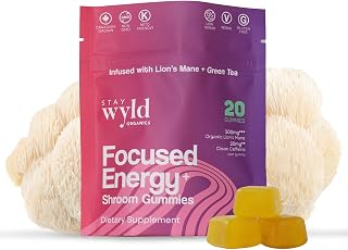 Stay Wyld Organics, Focused Energy+ Mushroom Gummies, 20 Servings, with Lion's Mane & Green Tea - Clean Energy Mushroom Supplement, Mental Focus Gummies, Lions Mane Supplement, Low Sugar & Gluten-Free