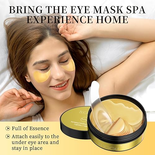 Miniatura 3 de BLIGGLE Parches para debajo de los ojos (64 piezas) - Máscara de ojos de oro de 24 quilates con ácido hialurónico, cuidado de los ojos refrescante