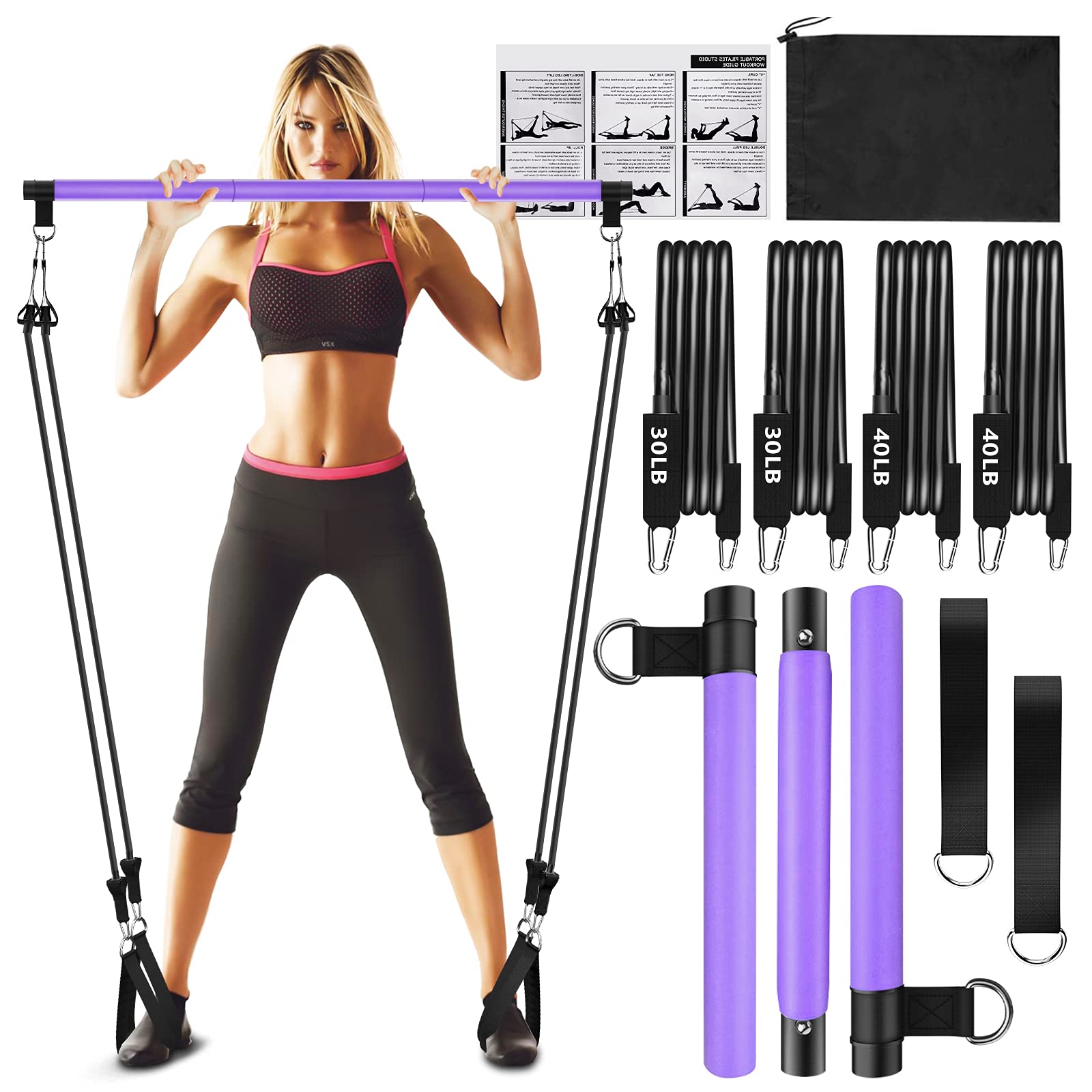 Pilates Bar Kit with Resistance Bands,Pilates Bar with Stackable Bands Workout Equipment for Legs,Hip,Waist and Arm,Exercise Fitness Equipment for Women & Men Home Gym Yoga Pilates