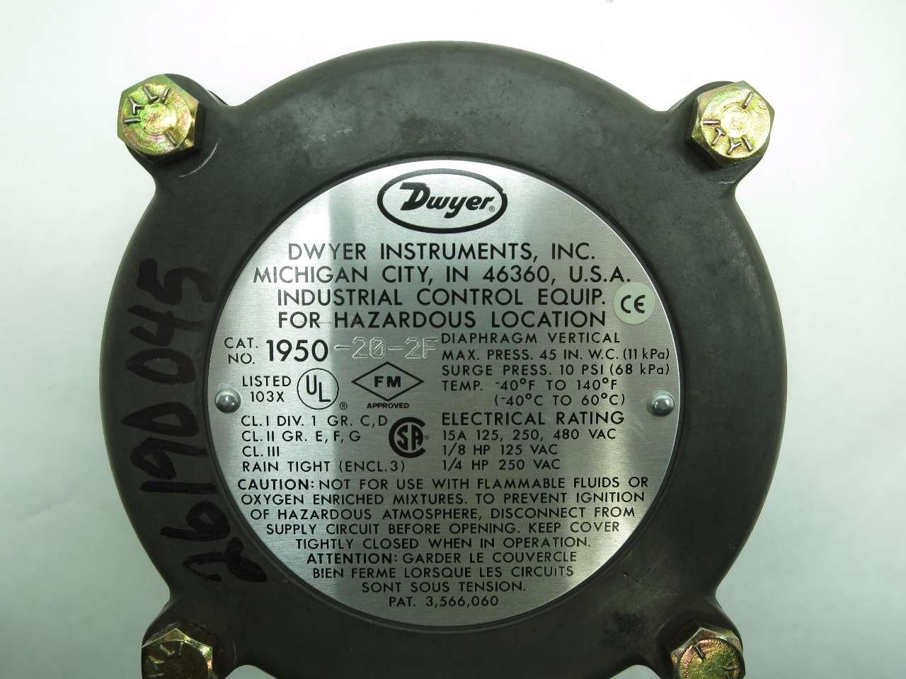 Close-up of the product label on the Dwyer 1950-20-2F switch.