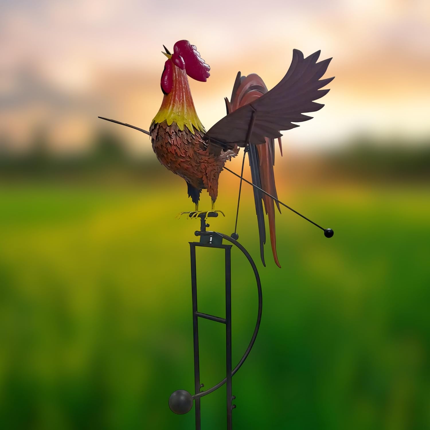 Red Carpet Studios Garden Stake Yard Art Metal and Glass Balance Rocker with 6-Prong Stake, Jumbo 6.5 Feet Tall, Rooster