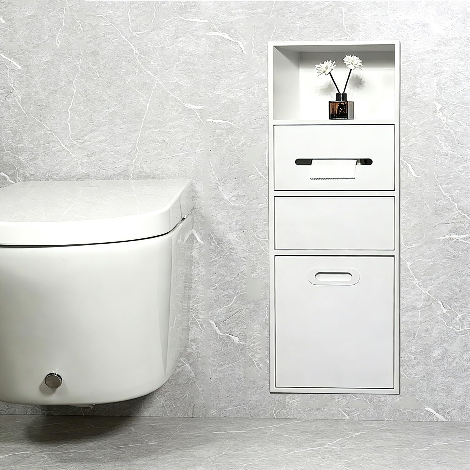 304 Stainless Steel Bathroom Trash Can Holder Cabinets, Recessed Wall Mounted Hidden Storage Alcove with Toilet Paper Holder for Bedroom Living Room Hotel(White)