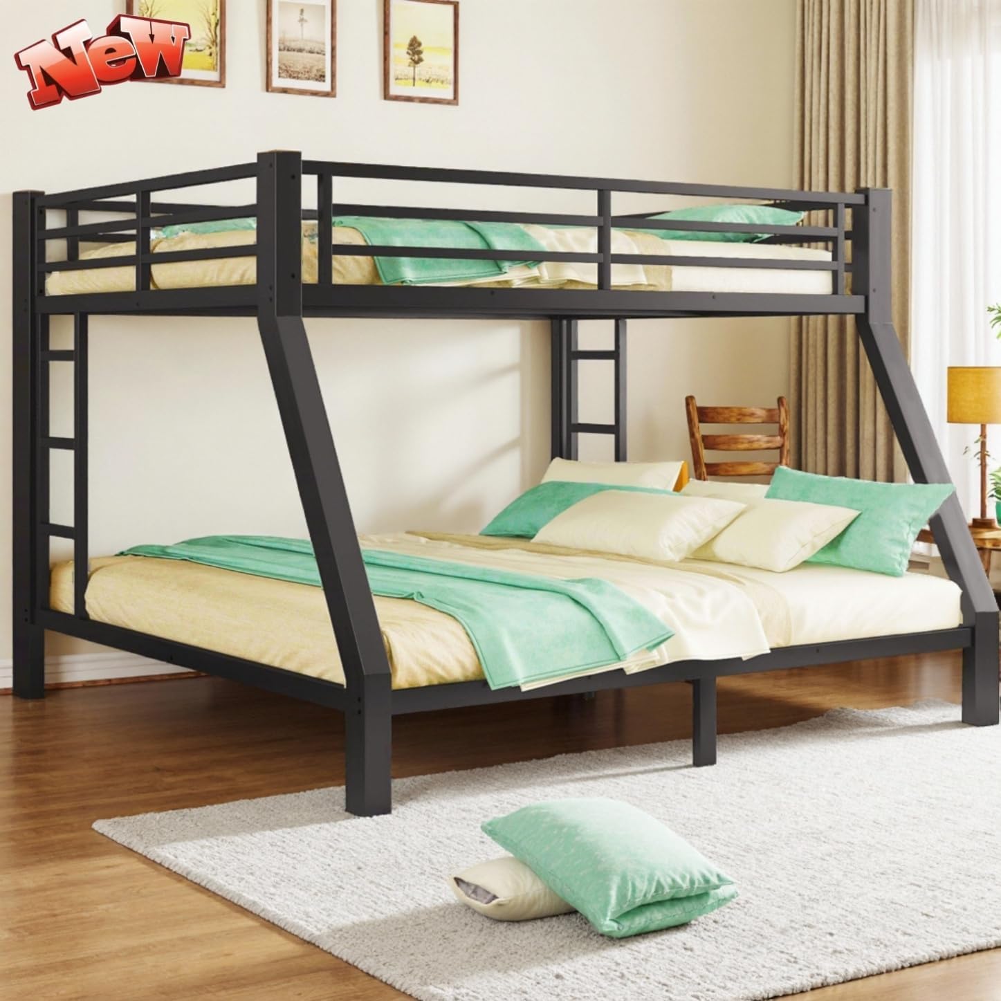 QLUSAN Upgraded & Stronger Heavy Duty Metal Bunk Bed Queen Over King Size, Safer Thickened More Stable Bunkbed Bunk Bed Frame (Easier to Assemble) (Queen Over King)