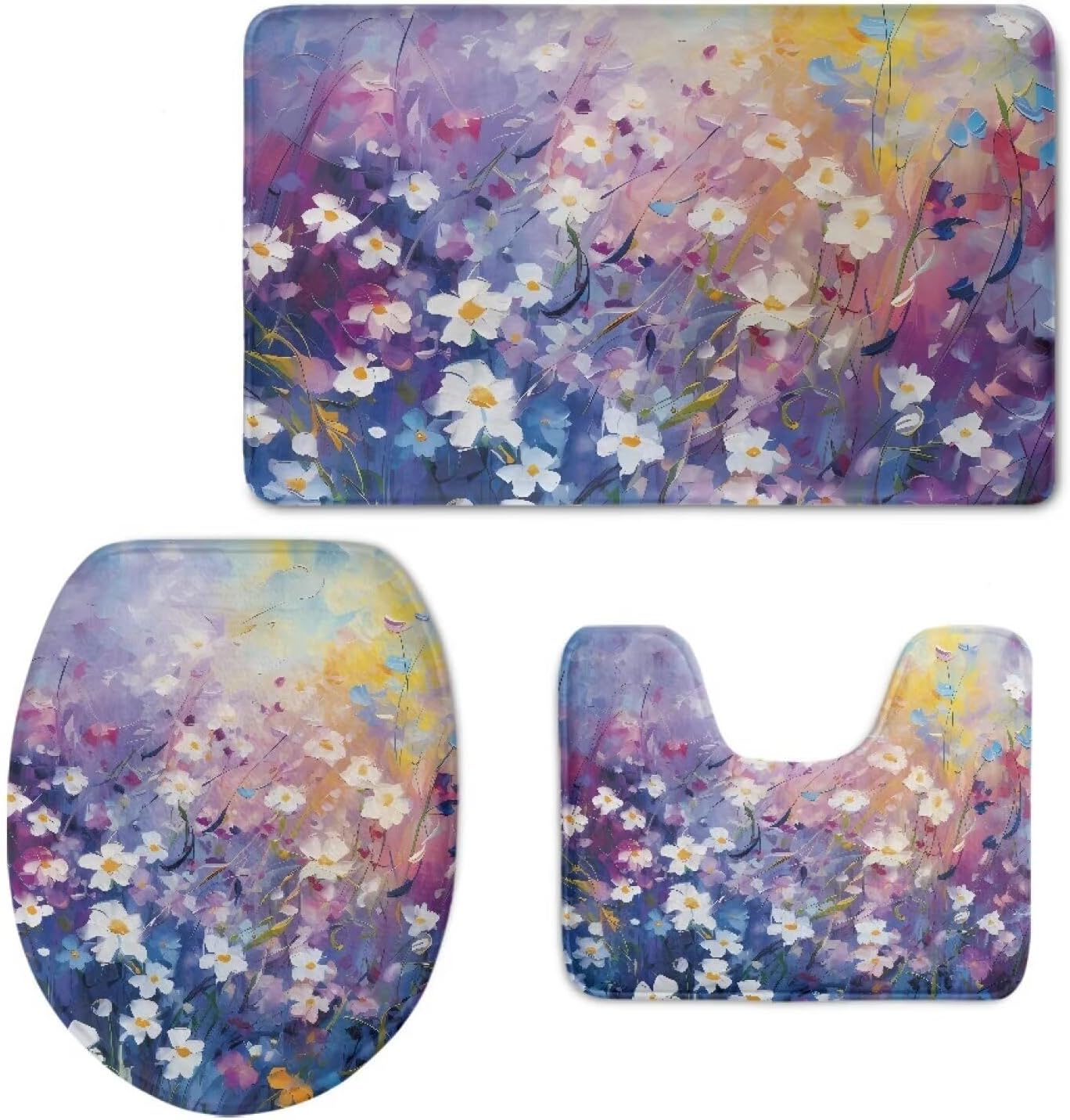 Daisy Print 3 Piece Bathroom Rug Set Soft Contour Rug + Toilet Lid Cover + Bath Mat Toilet Seat Cover with Lid Cover Toilet Seat Cover and Rug Set Toilet Seat Cover Set with Easy Cleaning