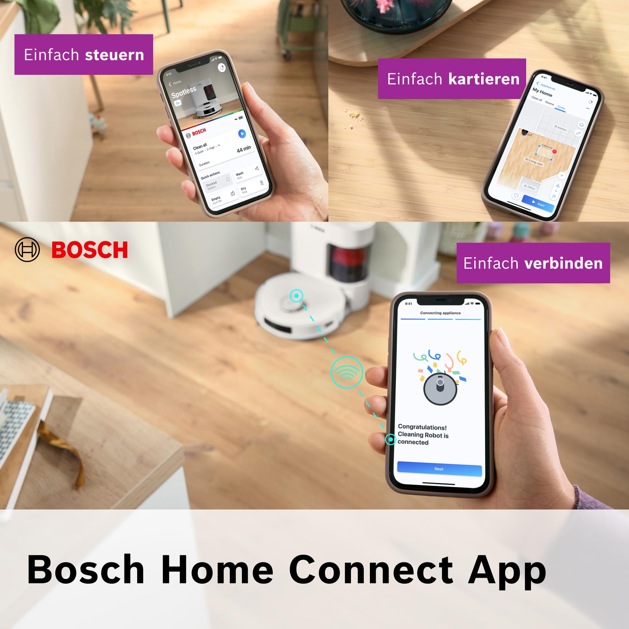 Bosch Spotless + BCRD1W Saugroboter mit Wischfunktion, 11.000 Pa Saugkraft, Wischpad, Trocken-Servicestation, Smart Vision Navigation mit Infrarot-Licht, Steuerung per App, weiß