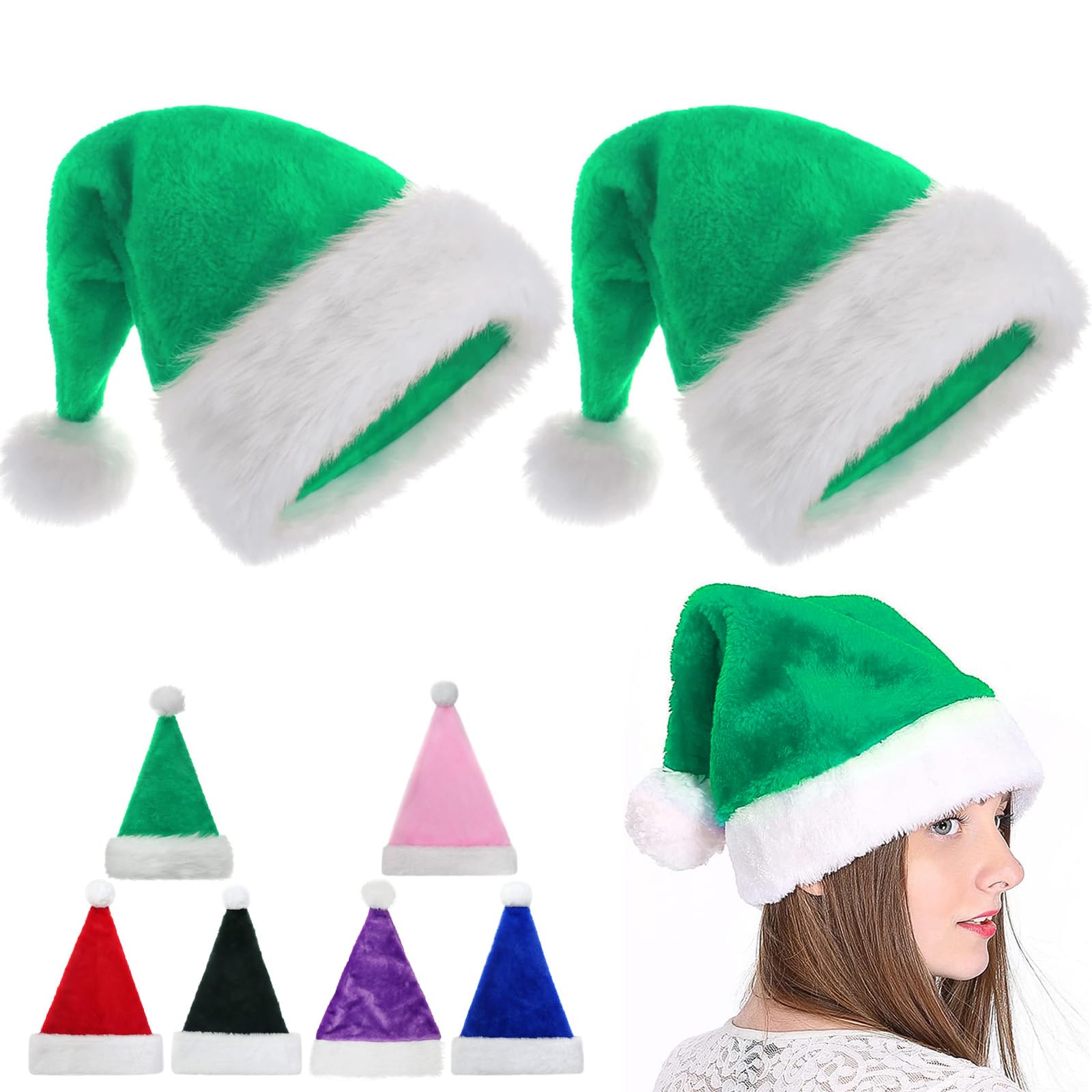 45cm Christmas Hats Santa Hat for Adults,2 Pcs Deluxe Velvet Xmas Santa Claus Hat,Unisex Velvet Comfort Christmas Party Hat Thicken Classic Fur for New Year Festive Christmas Party Supplies(Green)