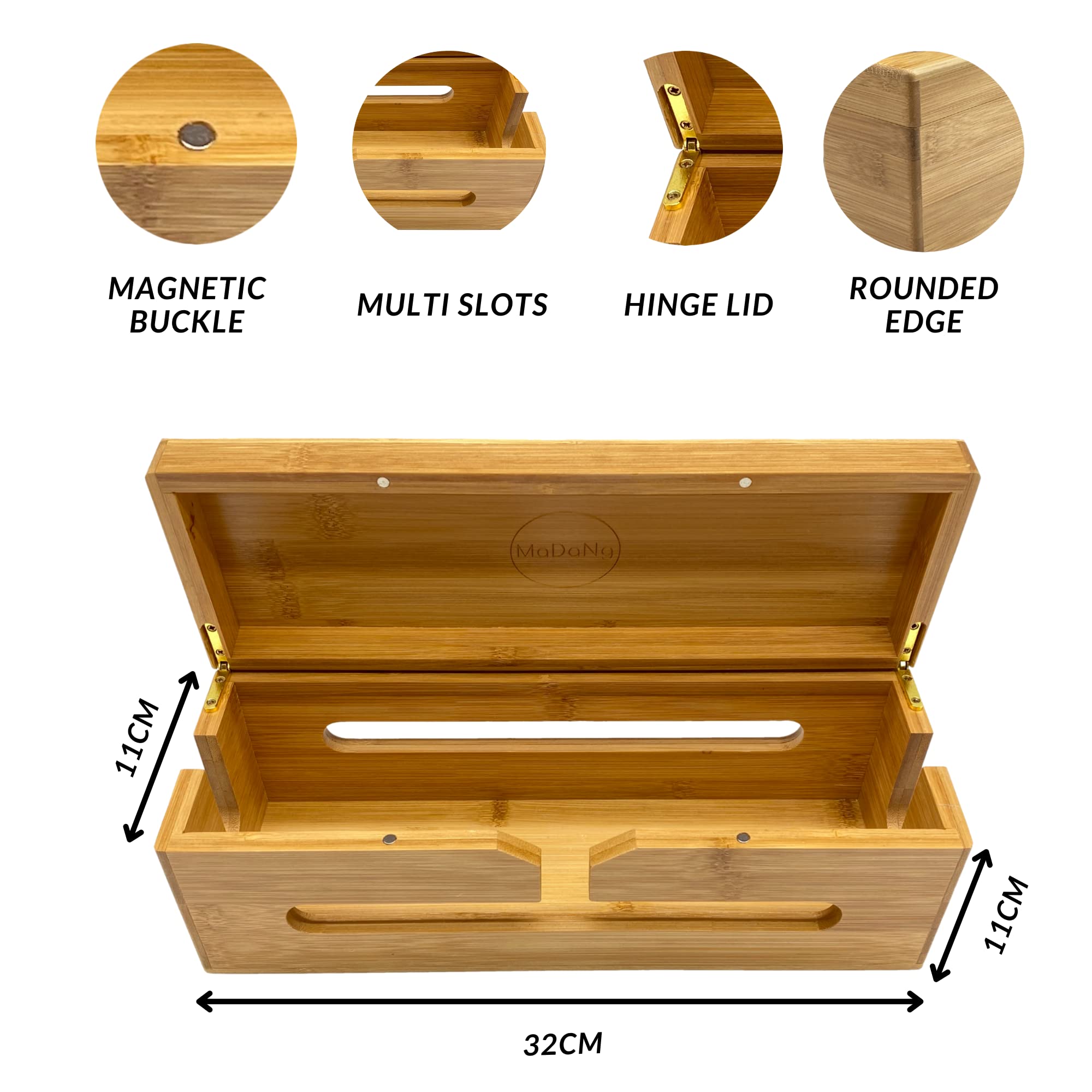 MaDaNg Scatola per cavi in legno, 32 x 11 x 11 cm, scatola per la gestione dei cavi, in bambù con coperchio a cerniera, scatola multiuso in legno creativo, adatta per organizzare casa e ufficio