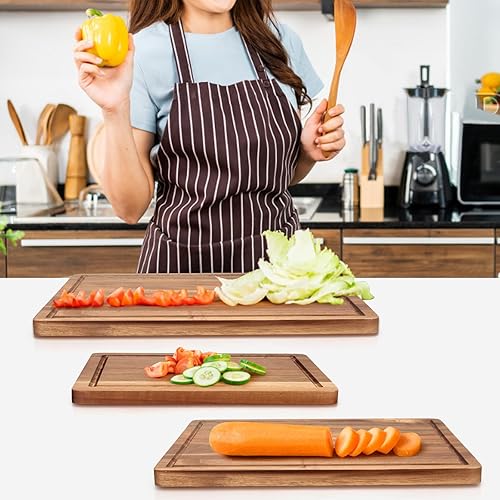 Miniatura 6 de Juego de 3 tablas de cortar de madera de acacia maciza para cocina, carne, madera dura, tabla de cortar decorativa grande para charcutería, la mejor