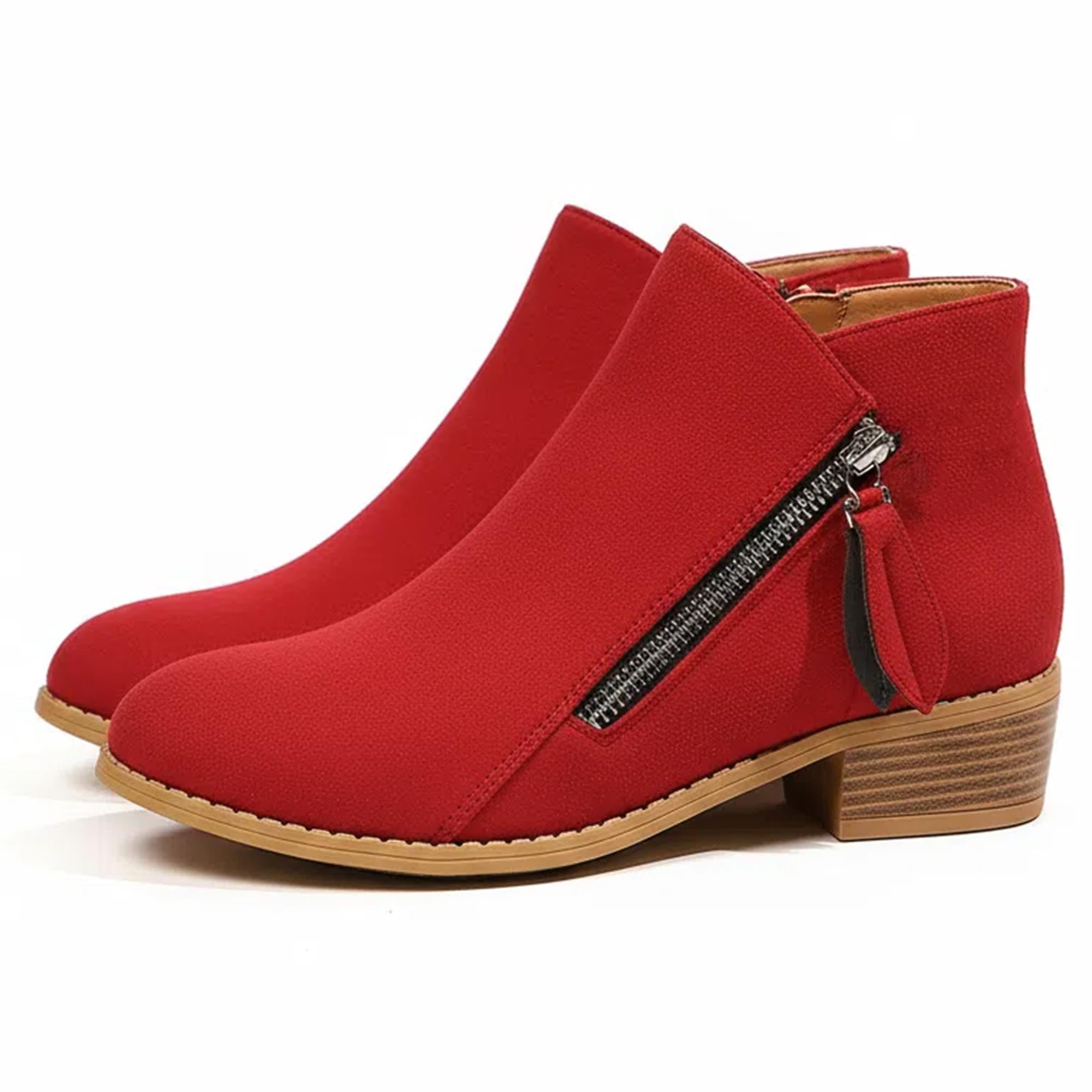 Womens Suede Chunky Heel Walking Ankle Boots With Side Zipper Retro Pointed Toe Low Block Heel Comfortable Work