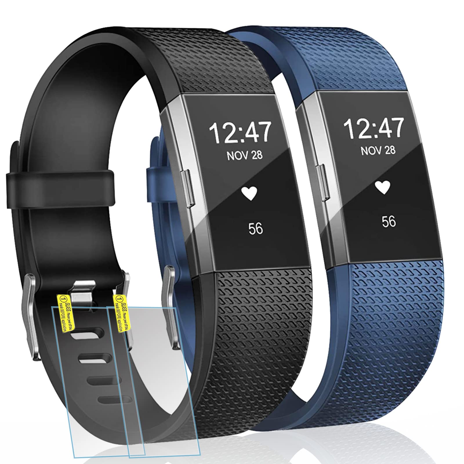 2 Pack Bands and 2 Pack Screen Protector Compatible with Fitbit Charge 2 Bands for Women Men, Silicone Fitness Sport Wristbands for Women Men