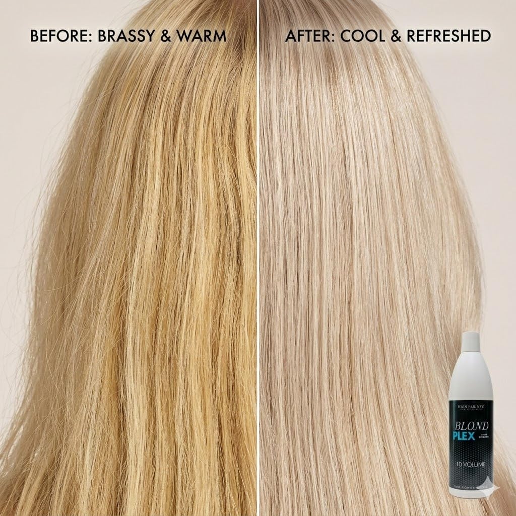 HAIR BAR NYC 10 Volume - Blond Plex Anti-Yellow Porfessional Lightening System for Charcoal Hair Bleach - Violet Developer with Plex, Reduce Brassy, Eliminates Orange Tones 33.8oz/1lt