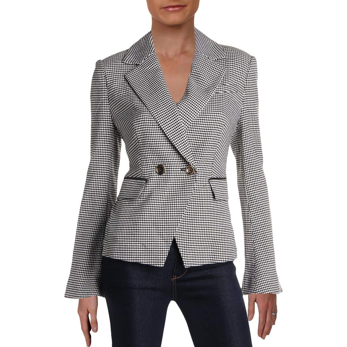 Zoe by Rachel Zoe Womens Houndstooth Double Breasted Blazer B W 8 Black White