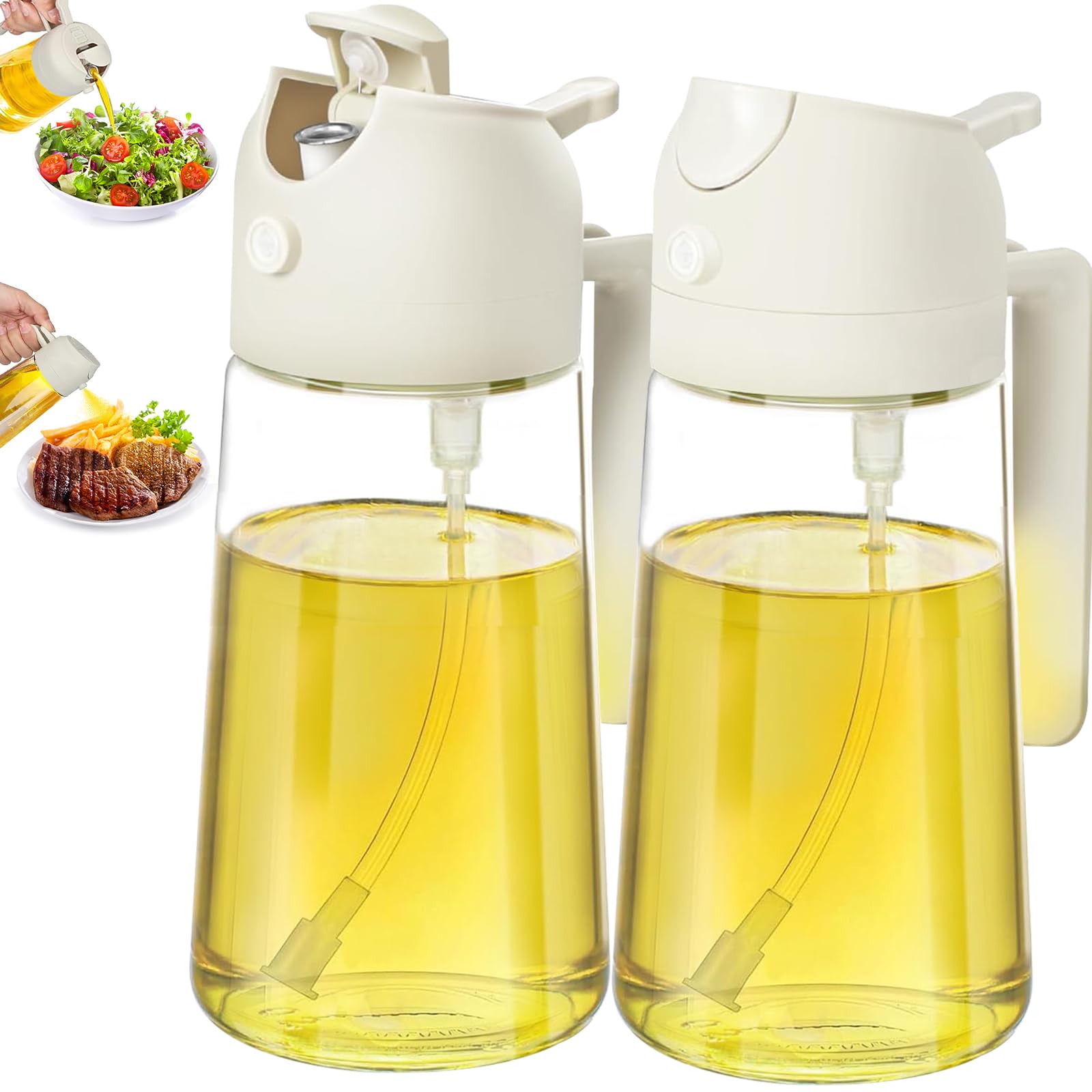 Oil Sprayer for Cooking,2 in 1 Olive Oil Sprayer,16oz/470ml Glass Oil Spray Bottle,Bottle for Kitchen Gadgets,Air Fryer,Salad,Frying,BBQ.(white)
