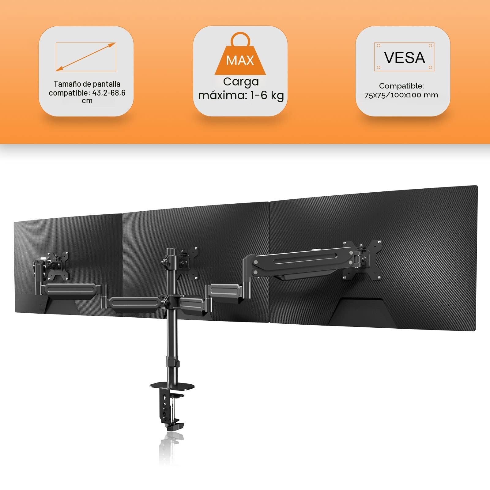Soporte triple para monitor de escritorio ajustable con resorte de gas para 3 pantallas de 17 a 27 pulgadas