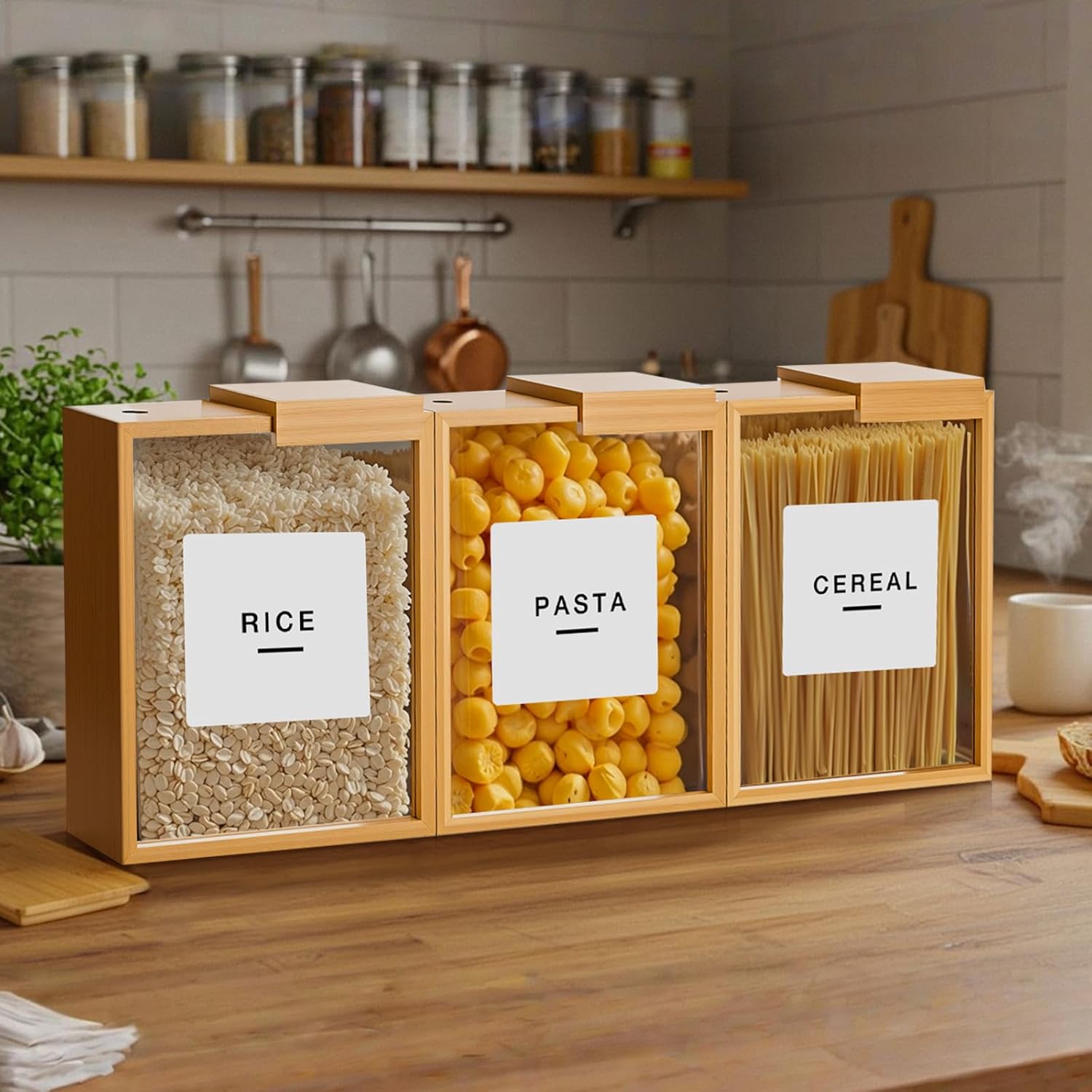 3 Bamboo Cereal Dispenser 75 Oz/ 2.2 l Kitchen Food Storage Containers with Measuring Cups for Airtight Pantry Organization and Storage Container Cereal Rice Flour Snack Nuts Grains - Image 7