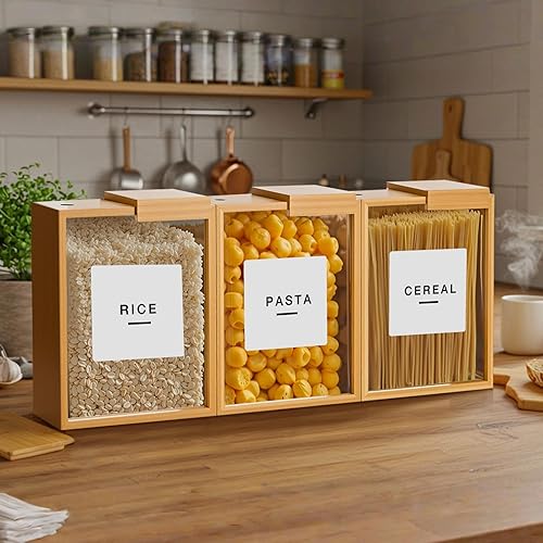 Miniatura 7 de 3 dispensadores de cereales de bambú de 75 onzas2.2 l recipientes de almacenamiento de alimentos de cocina con tazas medidoras para organización y