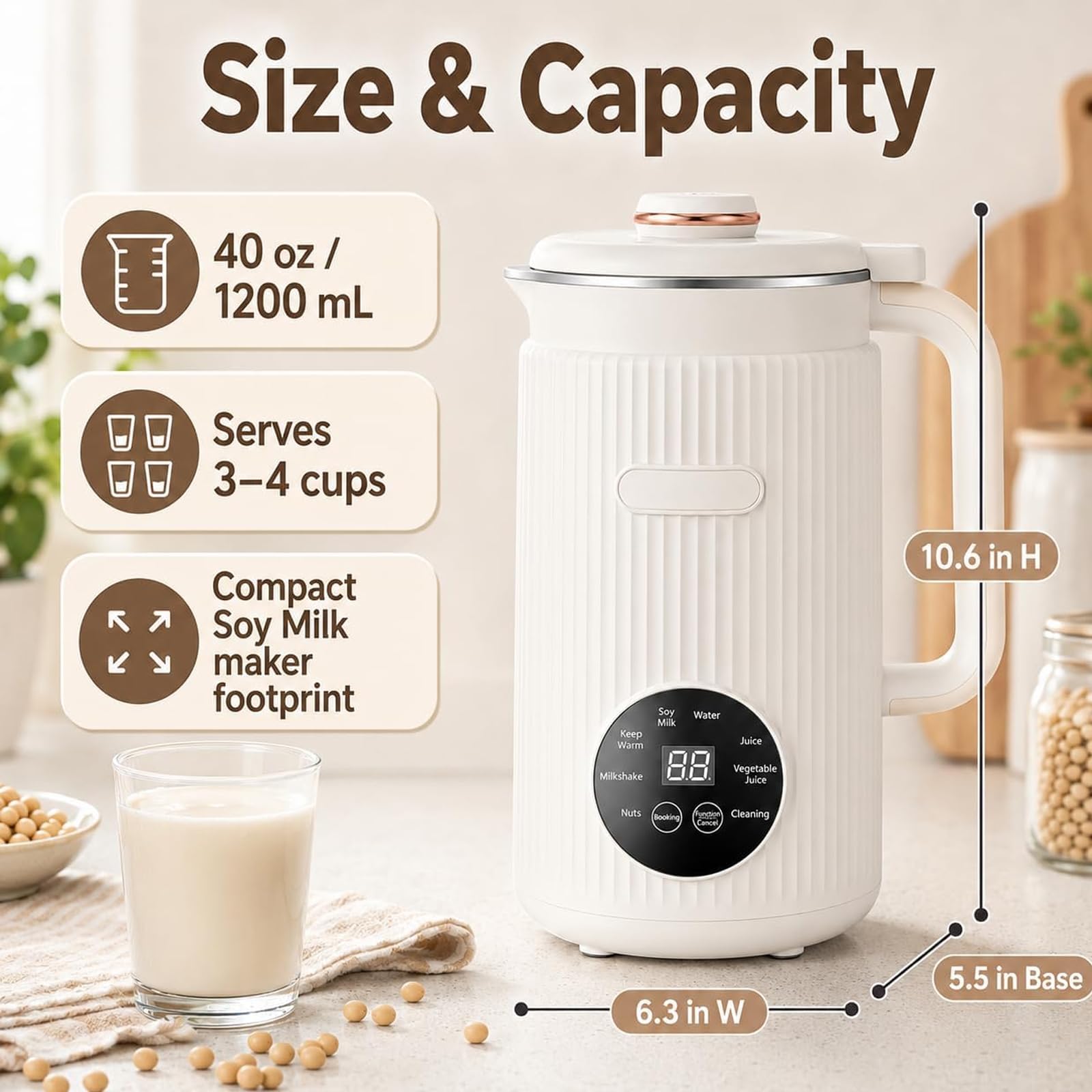 Makina do mleka orzechowego 1200 ml, 10 ostrzi / 8 inteligentnych | Samoczyszcząca i automatycznie wyłączająca się automatyczna maszyna do produkcji mleka sojowego(white)