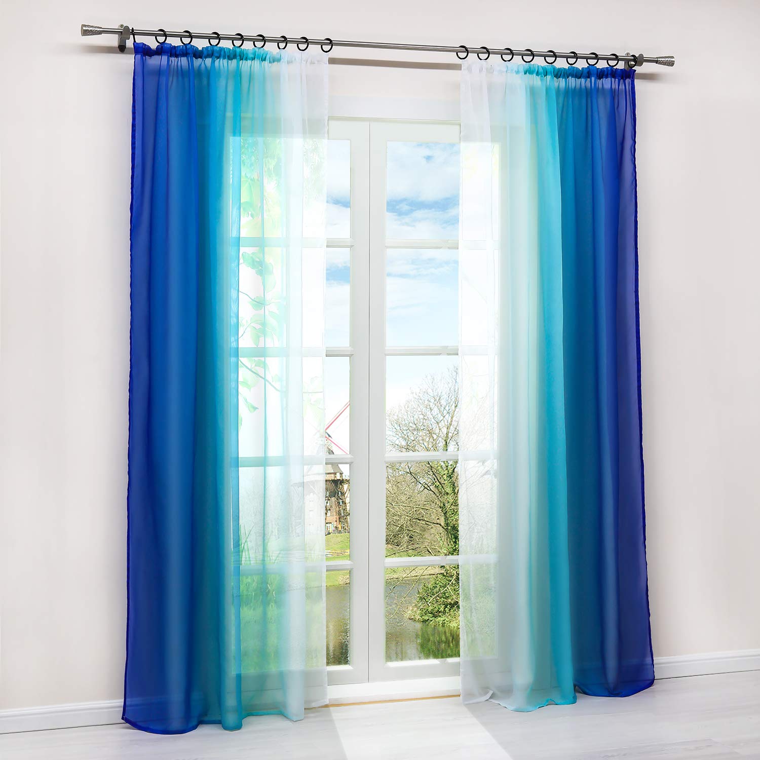 HongYa 2 Vorhänge, Farbverlauf, Weiß und Blau, H/L, 175/140 cm, Kräuselband, Polyester, transparent, einfache Installation, großes Fenster, für Schlafzimmer, Balkon, Küche