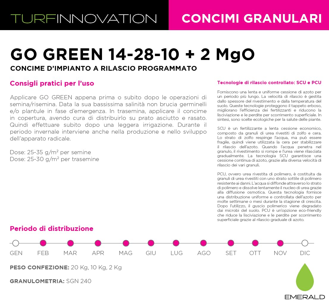 Emerald GO GREEN TurfInnovation, Concime per Prato Starter per nuove Semine e Trasemine,rilascio programmato per nutrizione costante,10kg (400mq)