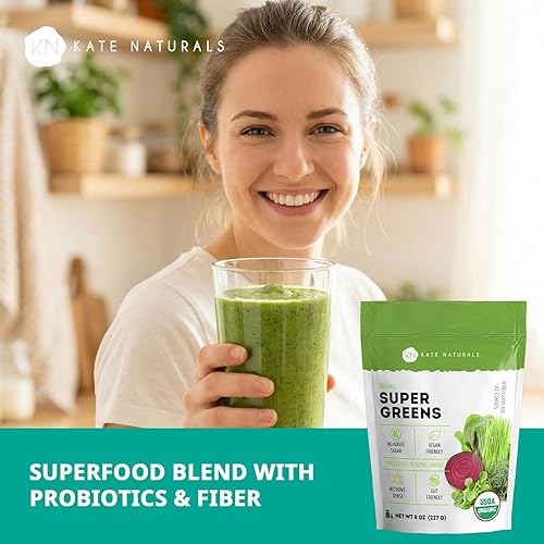 Miniatura 3 de Kate Naturals Polvo de superalimento verdes orgánicos. Mezcla diaria de superalimento verdes con probióticos y fibra para batidos y jugos (30