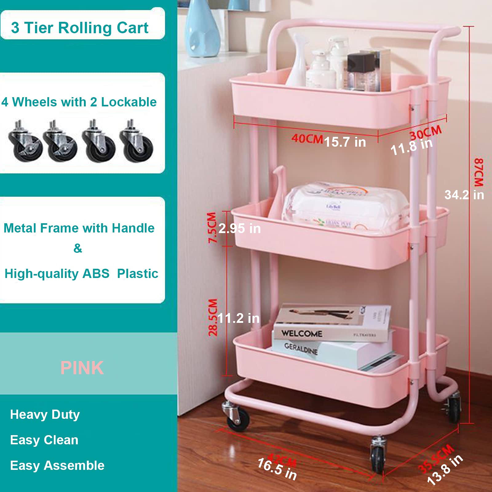 3 Tiers Utility Rolling Cart Pink Storage Organizer with Wheels for Library Office Home Bedroom