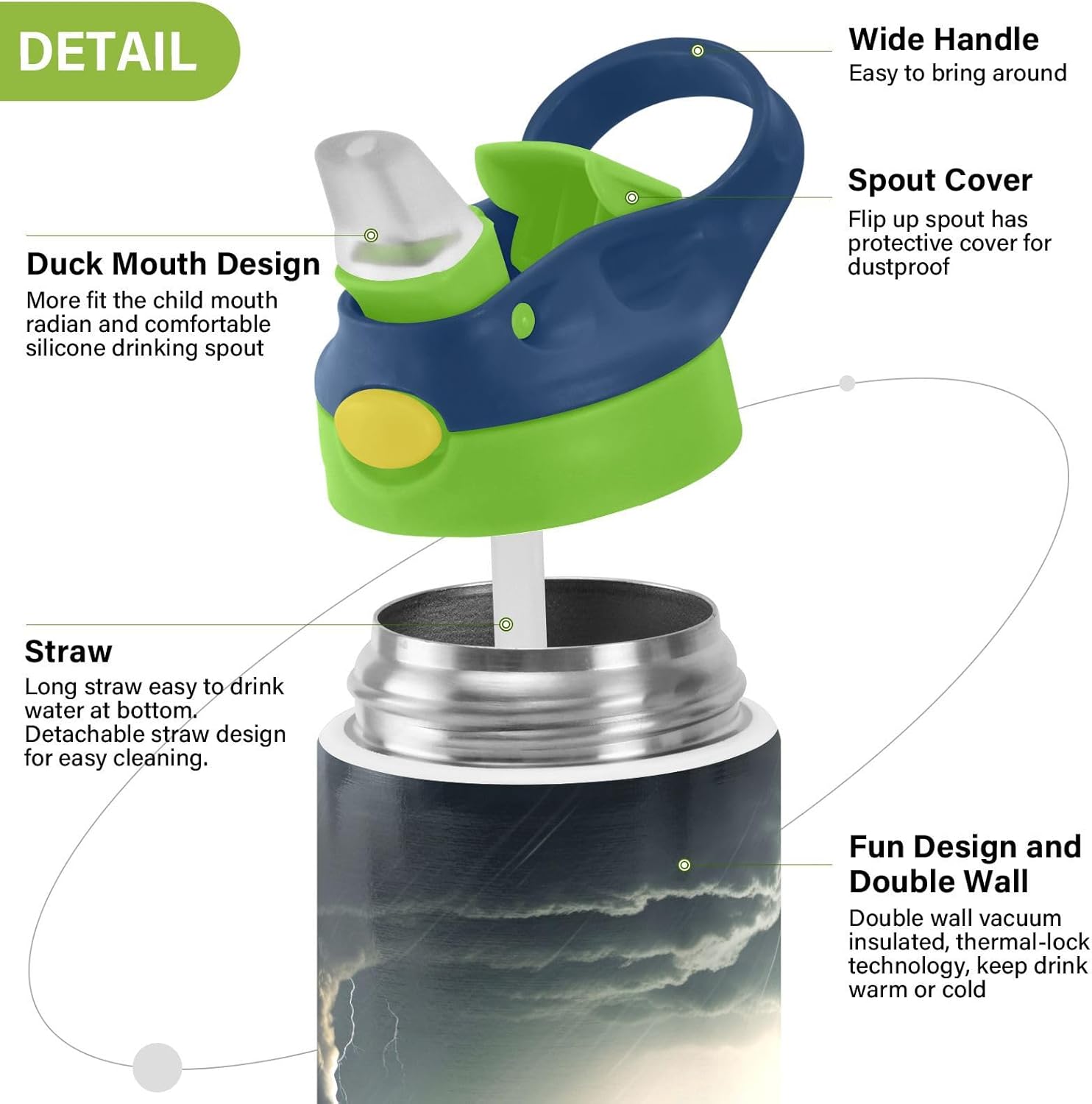 Black Tornado 12oz Kids Water Bottle With Straw BPA Free Vacuum Bottle Leak-proof Insulated Stainless Steel Tumbler for Boys Girls -Green - Image 4