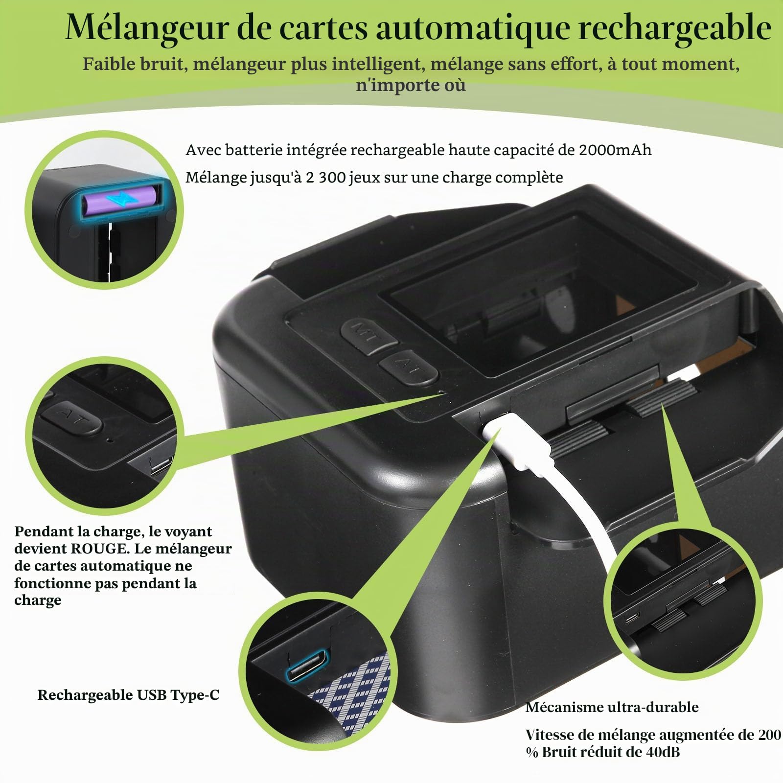 Melangeur de Carte Électronique Rechargeable, 2000mah Batterie Rechargeable Melangeur Carte, Mélangeur de Cartes à Jouer Rapide Mélangeur de Cartes à Faible Bruit pour UNO Poker Skyjo Skip-Bo