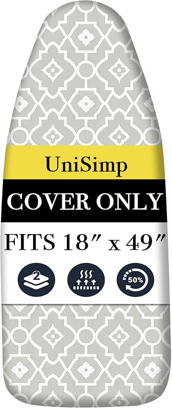 UniSimp Funda y almohadilla para tabla de planchar, 18.0 x 49.2 in, algodón natural extra grueso, resistente a quemaduras y manchas, funda ancha para tabla de planchar con sujetadores, resistente al calor, borde elástico geométrico