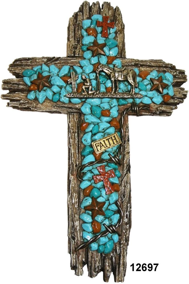 Praying Cowboy and Horse Decorative Wall Cross - Intricate Details Faux Turquoise Stones, Barbwire and Rustic Barnwood