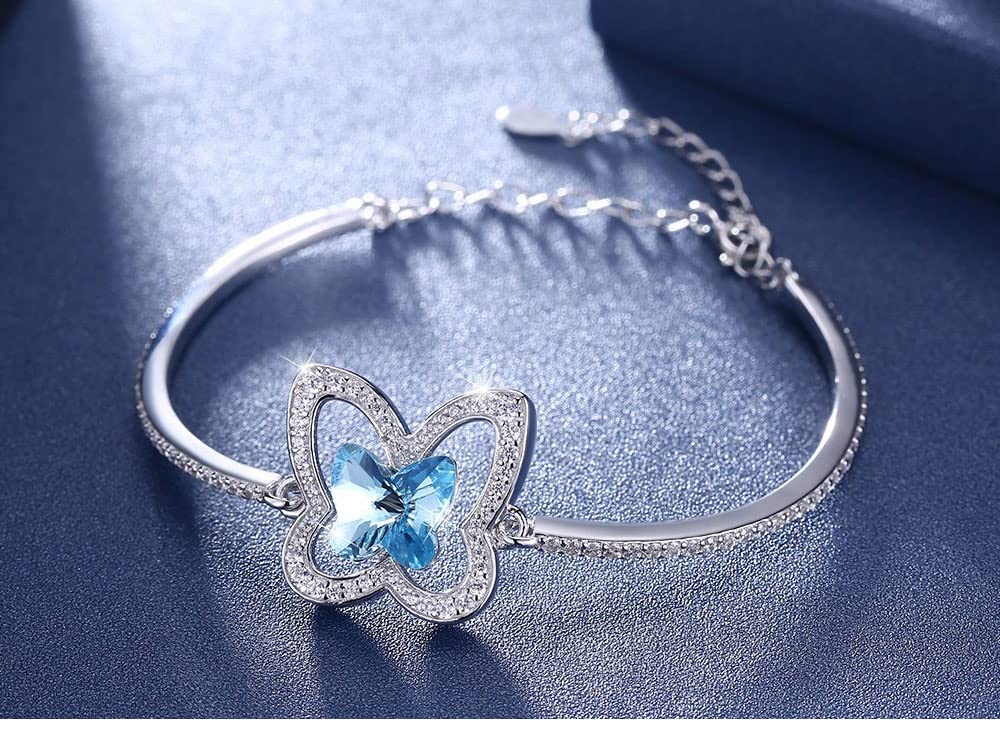 DAOMEI Cristal Real 925 Pulsera De Plata Mariposa Rosa Azul Pulseras Joyería Romántica para Mujeres Niñas Festival Aniversario Regalo