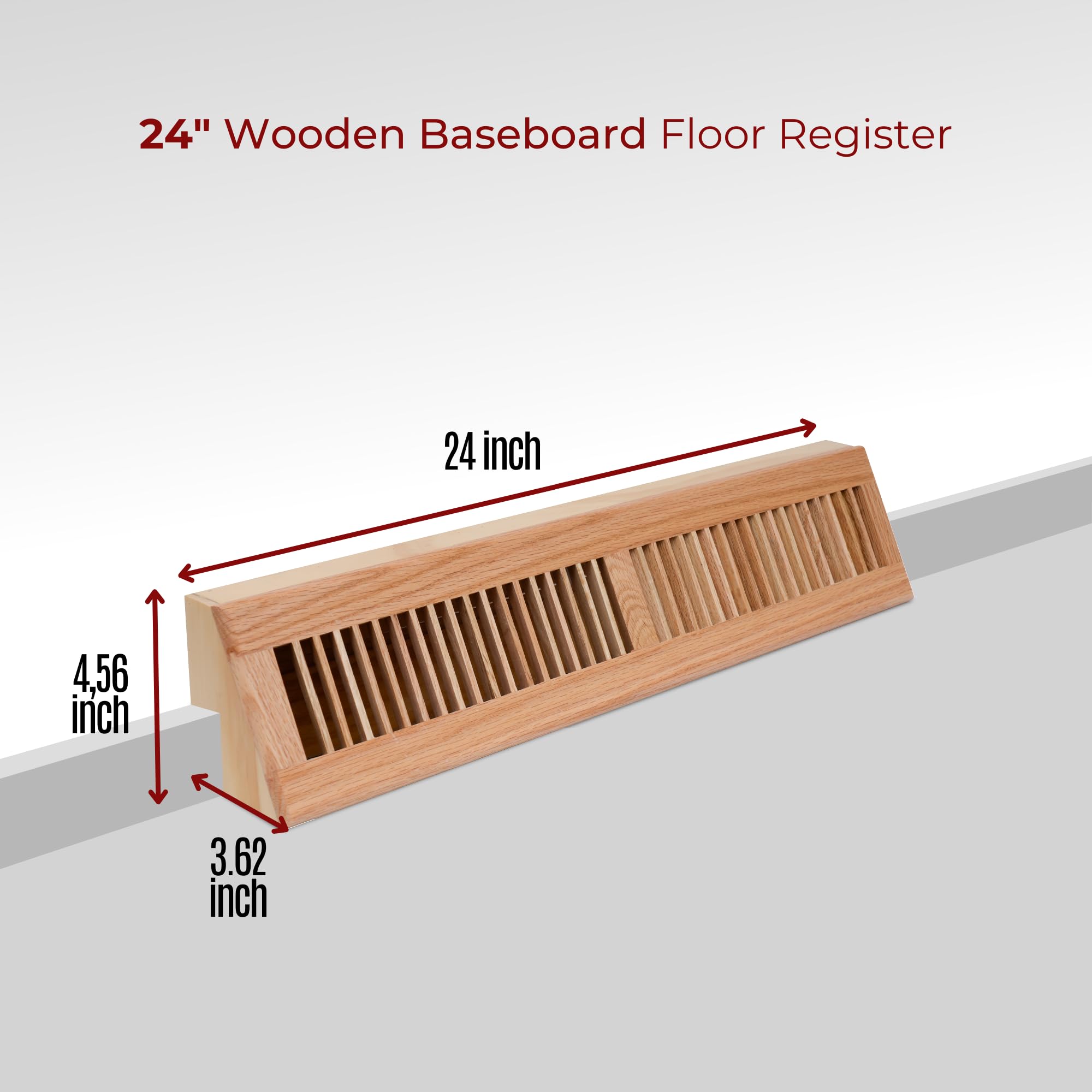 Handua Rejilla de aire de retorno de zócalo de madera de 24 pulgadas | Registro de aire decorativo para suelo | Cubierta de ventilación de madera de roble rojo natural preacabada para apertura de