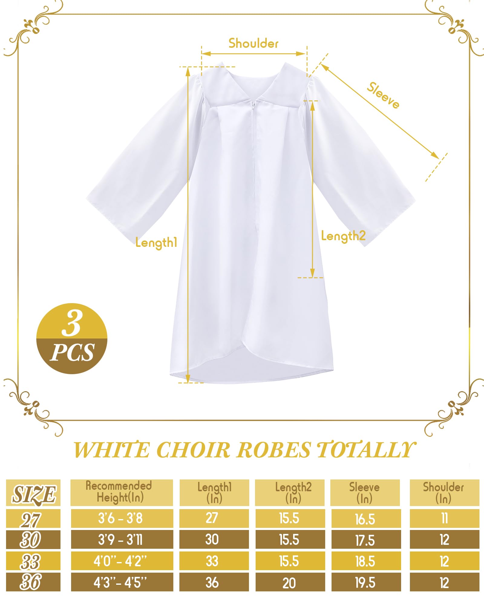 Toulite 3 piezas unisex mate batas de coro para niños, vestido de graduación para juez escolar, disfraz para bautizo, iglesia, evento, pastor
