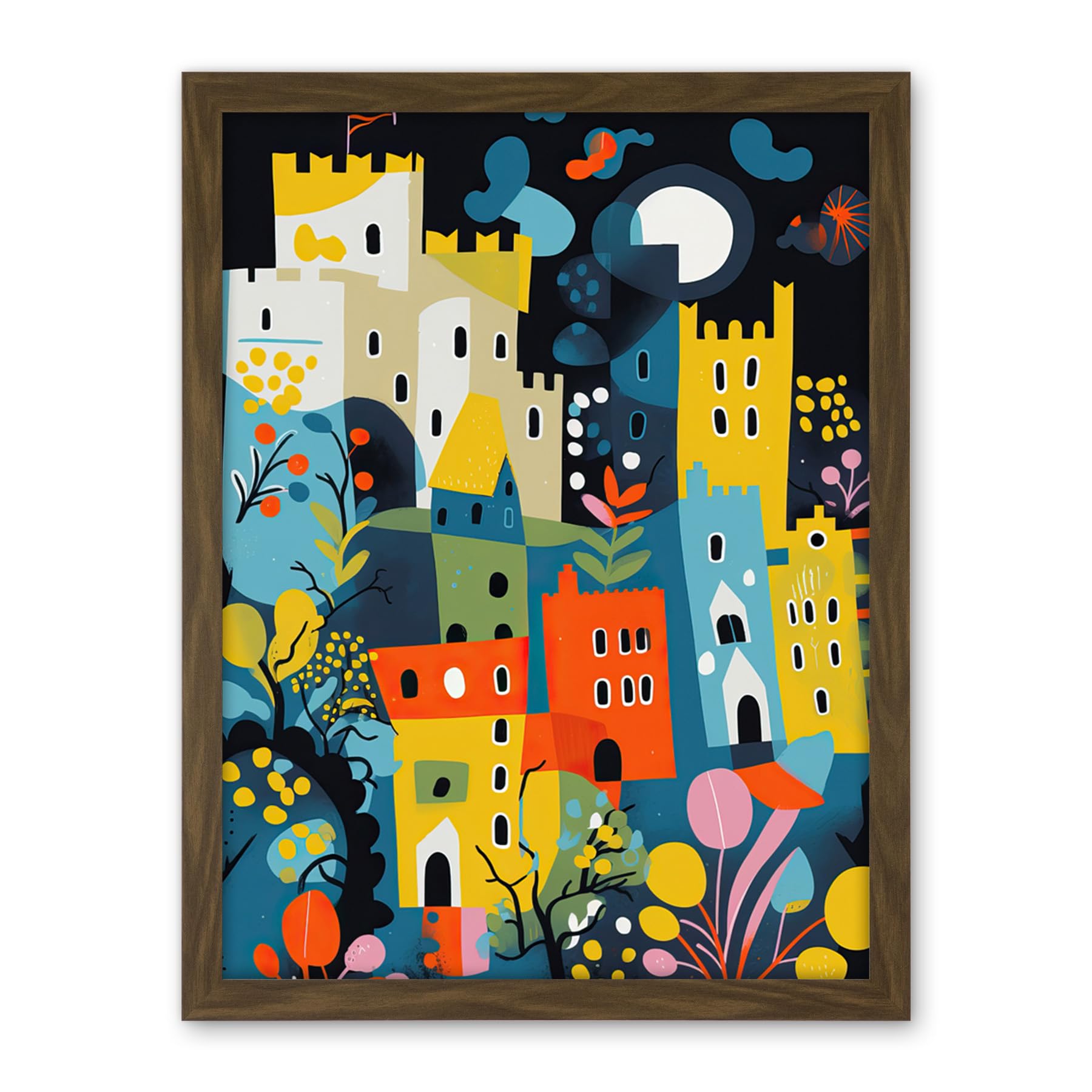 Artery8 Nottingham at Night Abstract Folk Art Cityscape Artwork Framed Wall Art Print 18X24 Inch